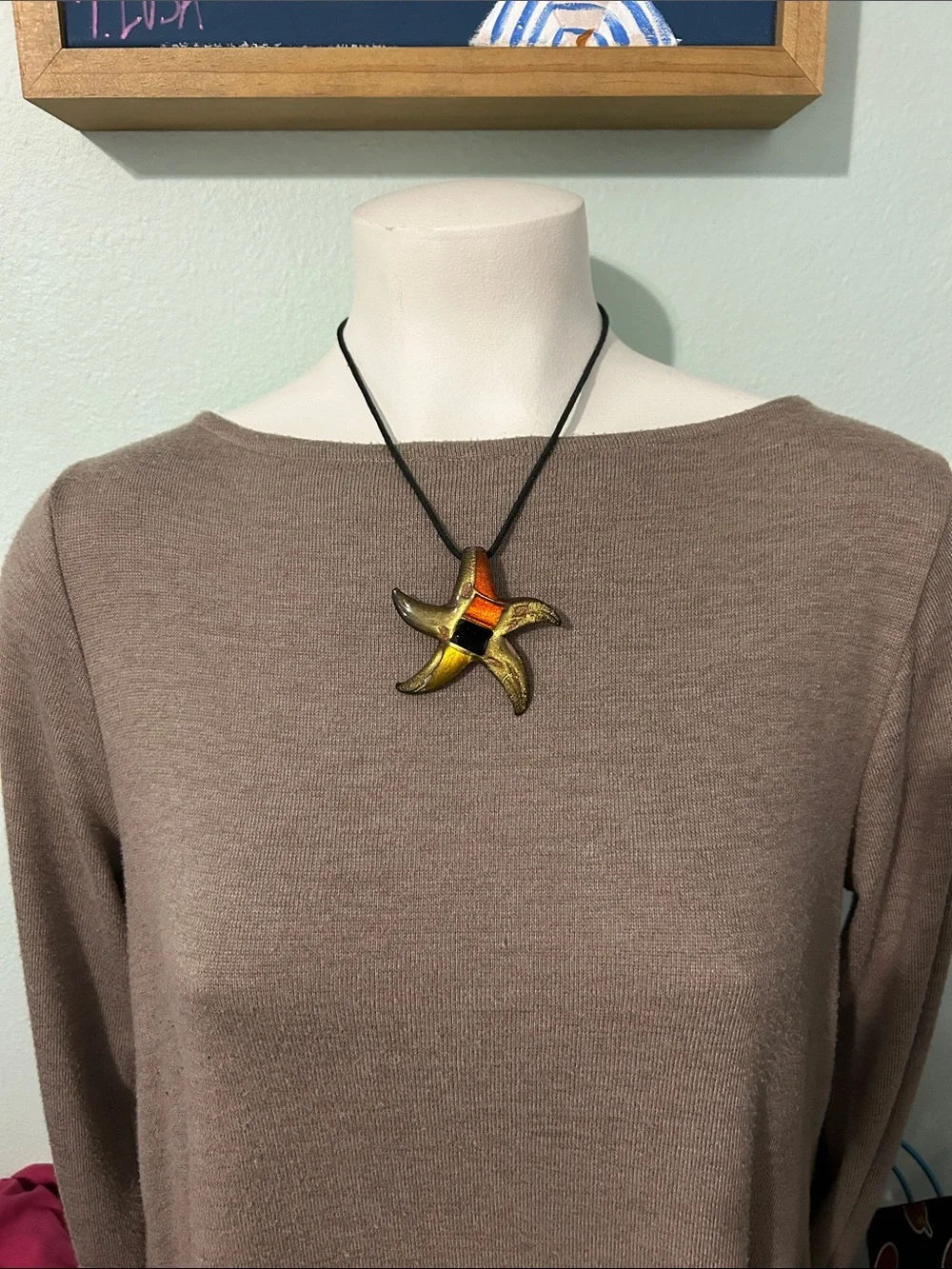 Glass starfish Pendant Necklace - Black Cord gold black orange